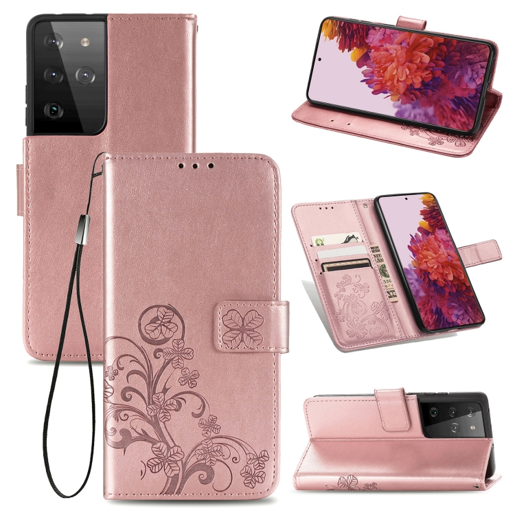 

Four-leaf Clasp Embossed Buckle Mobile Phone Protection Leather Case with Lanyard & Card Slot & Wallet & Bracket Function For Samsung Galaxy S21 Ultra 5G(Rose Gold)
