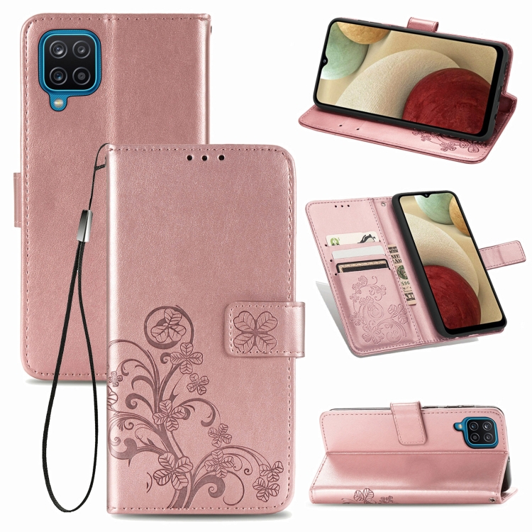

Four-leaf Clasp Embossed Buckle Mobile Phone Protection Leather Case with Lanyard & Card Slot & Wallet & Bracket Function For Samsung Galaxy A12(Rose Gold)