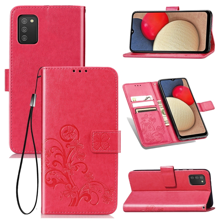 

For Samsung Galaxy A02s (EU Version) Four-leaf Clasp Embossed Buckle Mobile Phone Protection Leather Case with Lanyard & Card Slot & Wallet & Bracket Function (Magenta)