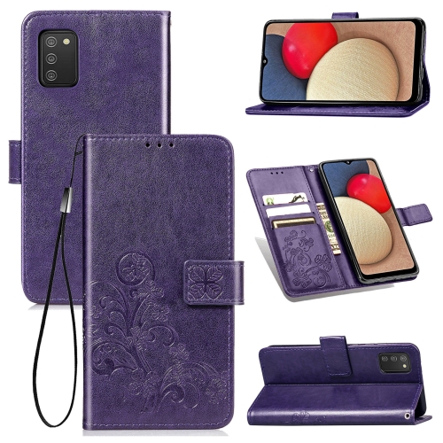 

For Samsung Galaxy A02s (EU Version) Four-leaf Clasp Embossed Buckle Mobile Phone Protection Leather Case with Lanyard & Card Slot & Wallet & Bracket Function (Purple)