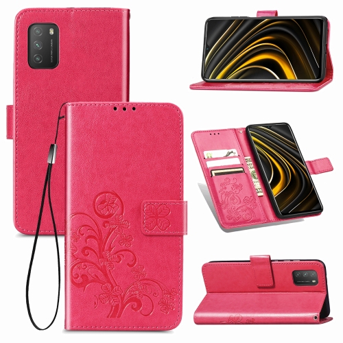 

Four-leaf Clasp Embossed Buckle Mobile Phone Protection Leather Case with Lanyard & Card Slot & Wallet & Bracket Function For Xiaomi POCO M3(Magenta)