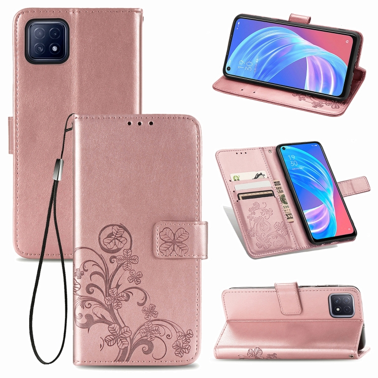 

Four-leaf Clasp Embossed Buckle Mobile Phone Protection Leather Case with Lanyard & Card Slot & Wallet & Bracket Function For OPPO A72 5G(Rose Gold)
