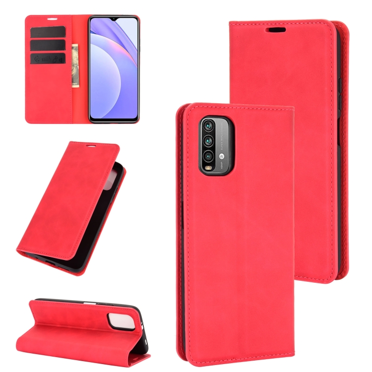 

For Xiaomi Redmi Note 9 4G Retro-skin Business Magnetic Suction Leather Case with Holder & Card Slots & Wallet(Red)