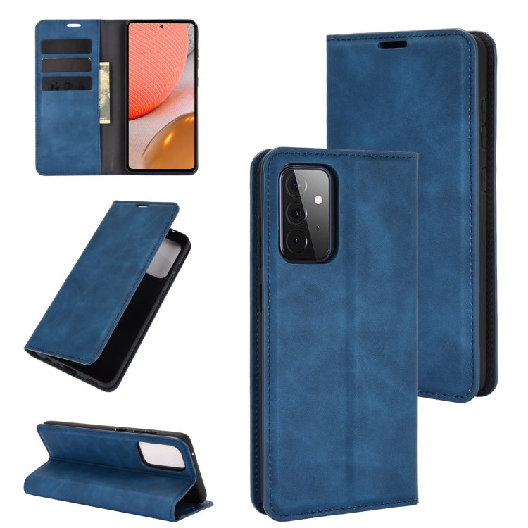 

For Samsung Galaxy A72 5G / 4G Retro-skin Business Magnetic Suction Leather Case with Holder & Card Slots & Wallet(Dark Blue)