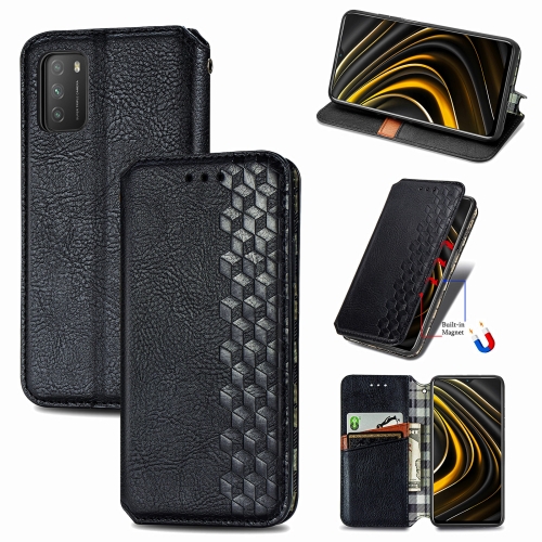 

For Xiaomi POCO M3 Cubic Grid Pressed Horizontal Flip Magnetic PU Leather Case with Holder & Card Slots & Wallet(Black)