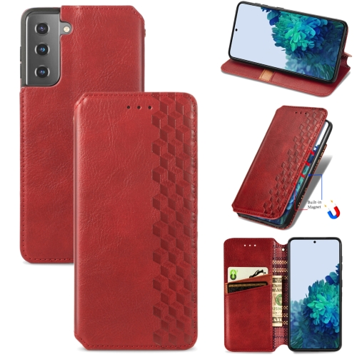 

For Samsung Galaxy S21 5G Cubic Grid Pressed Horizontal Flip Magnetic PU Leather Case with Holder & Card Slots & Wallet(Red)