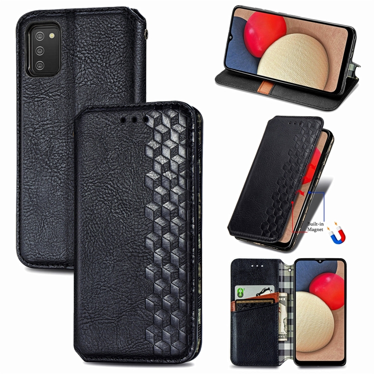 

For Samsung Galaxy A02s(US Edition) Cubic Grid Pressed Horizontal Flip Magnetic PU Leather Case with Holder & Card Slots & Wallet(Black)