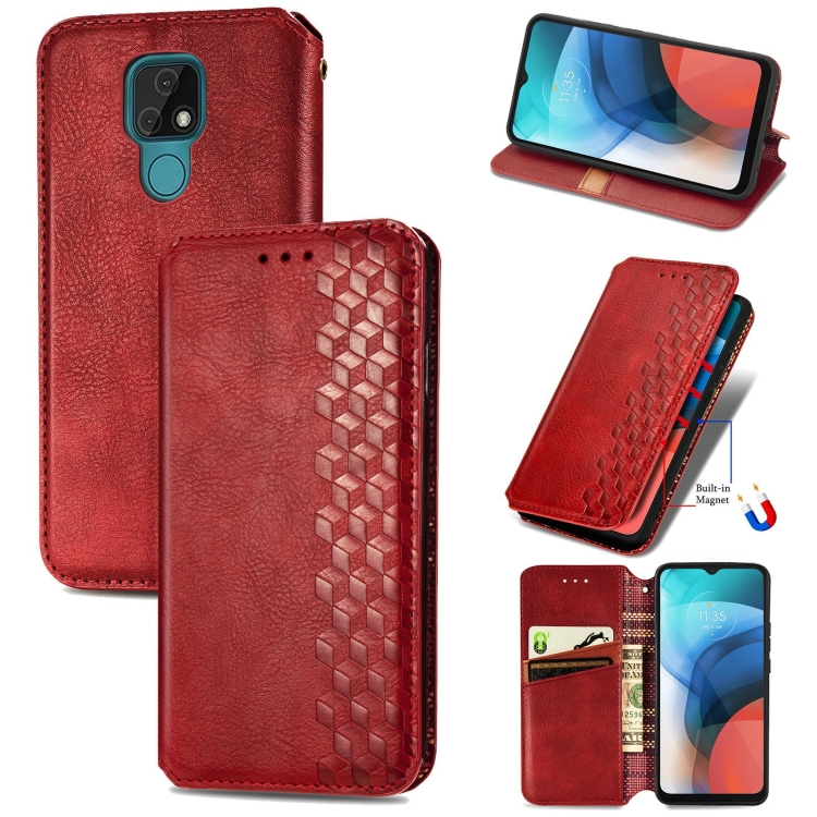 

For Motorola MOTO E7 Cubic Grid Pressed Horizontal Flip Magnetic PU Leather Case with Holder & Card Slots & Wallet(Red)