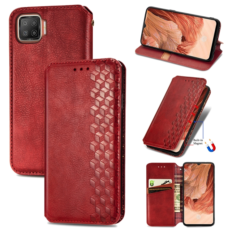 

For OPPO F17 Cubic Grid Pressed Horizontal Flip Magnetic PU Leather Case with Holder & Card Slots & Wallet(Red)