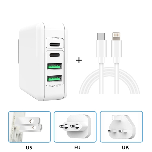 

XJ-046 20W PD + USB 4 Port Smart Fast Charging Travel Power Adapter With USB-C / Type-C to 8 Pin Data Cable, Length: 1m , US+EU+UK Plug