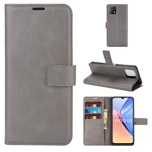 

Retro Calf Pattern Buckle Card Wallet Left and Right Flip Phone Holster with Bracket Function For vivo iQOO U3 / Y52S(Gray)