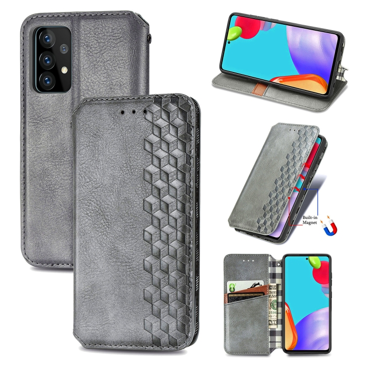 

For Samsung Galaxy A72 5G / 4G Cubic Grid Pressed Horizontal Flip Magnetic PU Leather Case with Holder & Card Slots & Wallet(Gray)