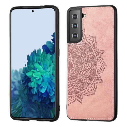 

For Samsung Galaxy S21 Plus 5G Mandala Embossed Cloth Cover PC + TPU Mobile Phone Case with Magnetic Function and Hand Strap(Rose Gold)