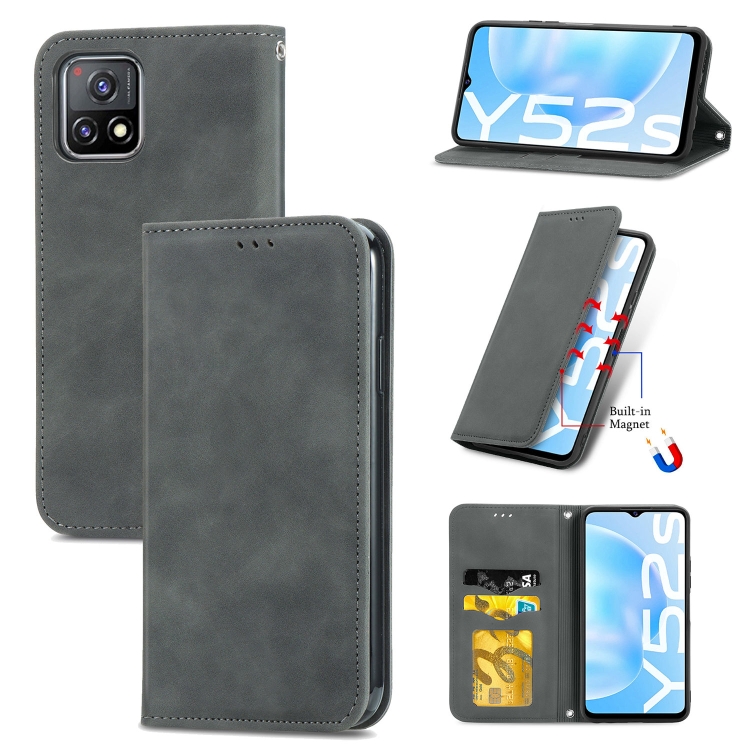

For vivo Y52S Retro Skin Feel Business Magnetic Horizontal Flip Leather Case With Holder & Card Slots & Wallet & Photo Frame(Gray)