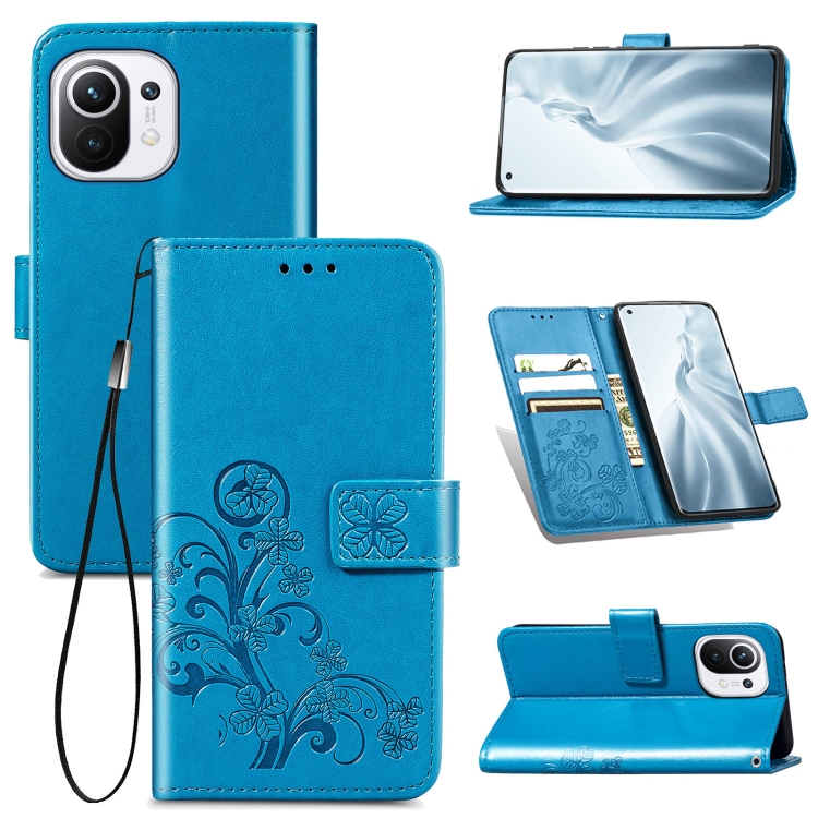

For Xiaomi Mi 11 Four-leaf Clasp Embossed Buckle Mobile Phone Protection Leather Case with Lanyard & Card Slot & Wallet & Bracket Function(Blue)