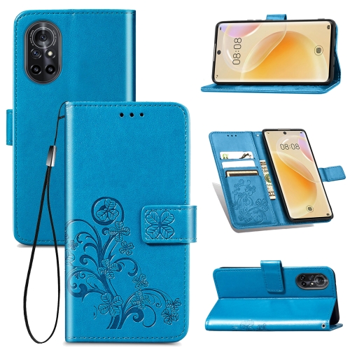 

For Huawei Nova 8 Four-leaf Clasp Embossed Buckle Mobile Phone Protection Leather Case with Lanyard & Card Slot & Wallet & Bracket Function(Blue)