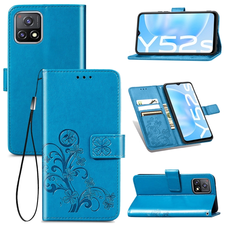 

For vivo Y52s Four-leaf Clasp Embossed Buckle Mobile Phone Protection Leather Case with Lanyard & Card Slot & Wallet & Bracket Function(Blue)