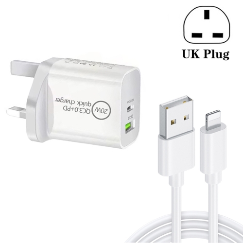 

SDC-18W 18W PD 3.0 + QC 3.0 USB Dual Fast Charging Universal Travel Charger with USB to 8 Pin Fast Charging Data Cable, UK Plug