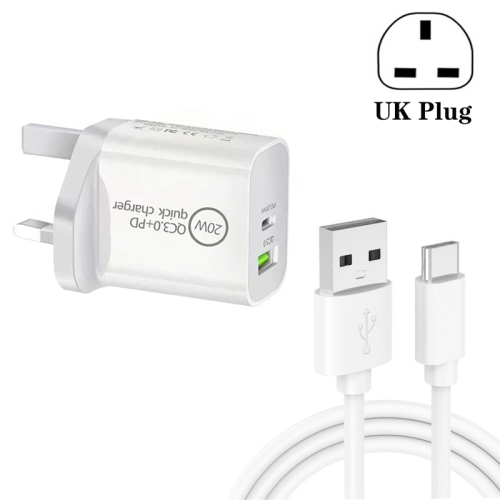 

SDC-18W 18W PD 3.0 + QC 3.0 USB Dual Fast Charging Universal Travel Charger with USB to Type-C / USB-C Fast Charging Data Cable, UK Plug
