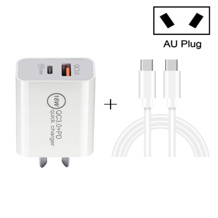 

SDC-18W 18W PD 3.0 + QC 3.0 USB Dual Fast Charging Universal Travel Charger with Type-C / USB-C to Type-C / USB-C Fast Charging Data Cable, AU Plug