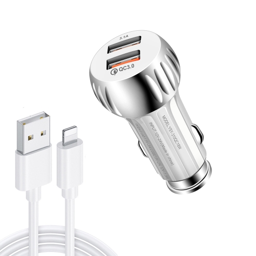 

YSY-310QC18W QC3.0 Dual Port USB Car Charger + 3A USB to 8 Pin Data Cable, Cable Length: 1m(White)
