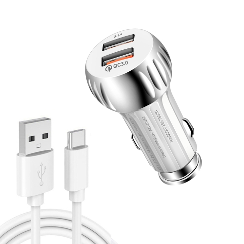 

YSY-310QC18W QC3.0 Dual Port USB Car Charger + 3A USB to USB-C / Type-C Data Cable, Cable Length: 1m(White)