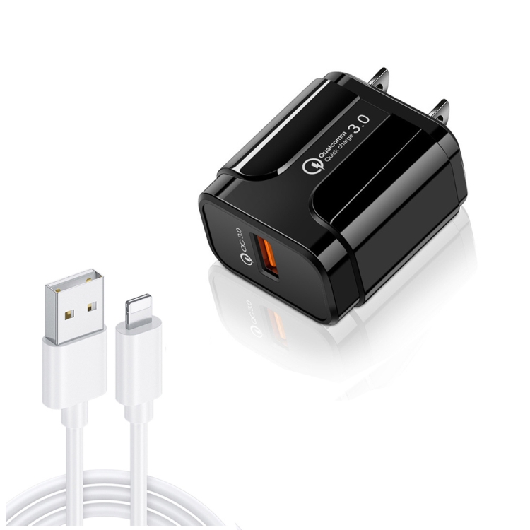 

LZ-023 18W QC 3.0 USB Portable Travel Charger + 3A USB to 8 Pin Data Cable, US Plug(Black)