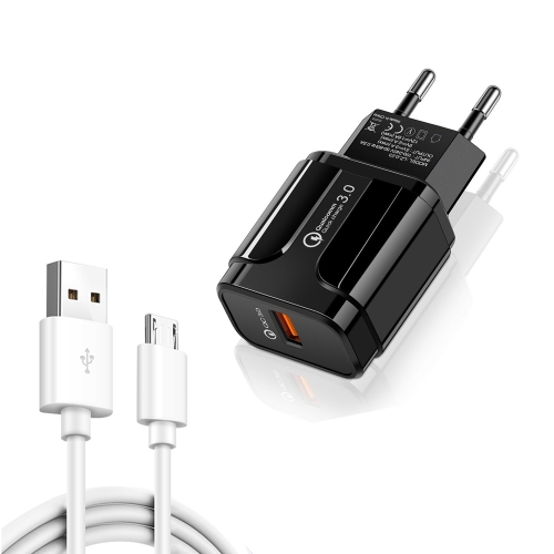 

LZ-023 18W QC 3.0 USB Portable Travel Charger + 3A USB to Micro USB Data Cable, EU Plug(Black)