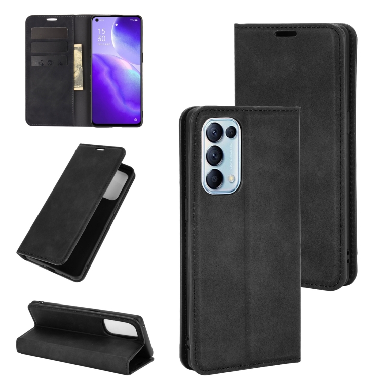

For OPPO Reno 5 5G Retro-skin Business Magnetic Suction Leather Case with Holder & Card Slots & Wallet(Black)