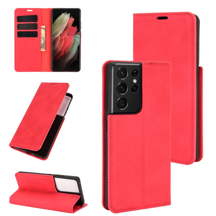 

For Samsung Galaxy S21 Ultra 5G Retro-skin Business Magnetic Suction Leather Case with Holder & Card Slots & Wallet(Red)