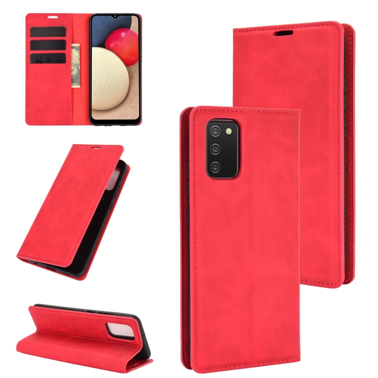 

For Samsung Galaxy A02s (US Version) / M02s Retro-skin Business Magnetic Suction Leather Case with Holder & Card Slots & Wallet(Red)