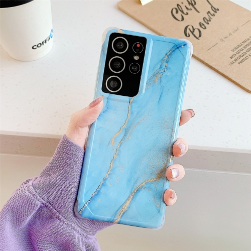

For Samsung Galaxy S21 Plus 5G Four Corners Anti-Shattering Flow Gold Marble IMD Phone Back Cover Case(Sky Blue LD8)