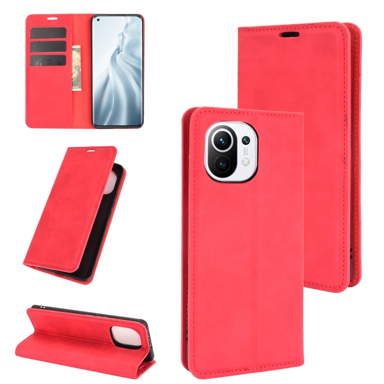 

For Xiaomi Mi 11 Retro-skin Business Magnetic Suction Leather Case with Holder & Card Slots & Wallet(Red)