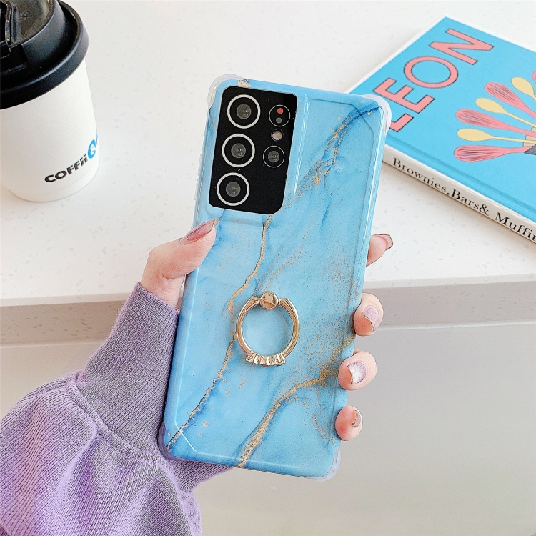 

Four Corners Anti-Shattering Gold Marble IMD Phone Case with Metal Rhinestone Ring Holder For Samsung Galaxy S21 Ultra 5G(Sky Blue LQ8)