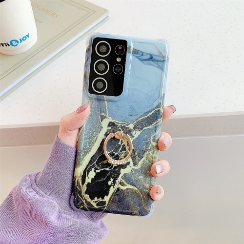 

Four Corners Anti-Shattering Gold Marble IMD Phone Case with Metal Rhinestone Ring Holder For Samsung Galaxy A71 4G(Black LQ1)
