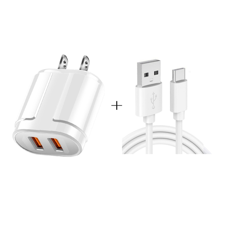 

Dual USB Portable Travel Charger + 1 Meter USB to Type-C Data Cable, US Plug(White)