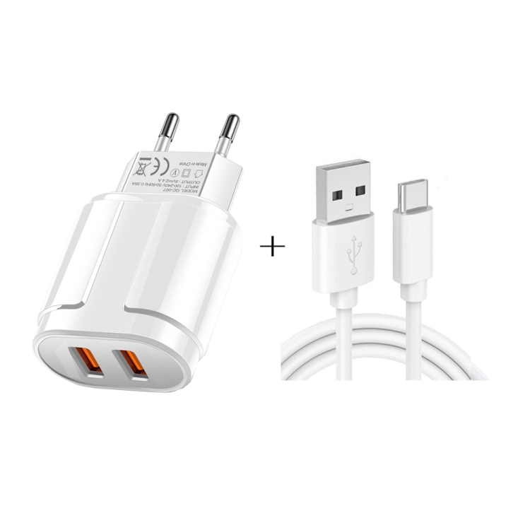 

Dual USB Portable Travel Charger + 1 Meter USB to Type-C Data Cable, EU Plug(White)
