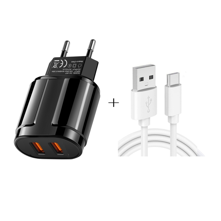 

Dual USB Portable Travel Charger + 1 Meter USB to Type-C Data Cable, EU Plug(Black)