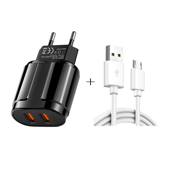

Dual USB Portable Travel Charger + 1 Meter USB to Micro USB Data Cable, EU Plug(Black)