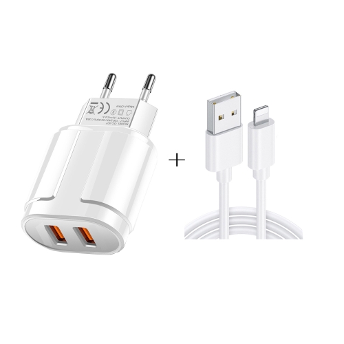 

Dual USB Portable Travel Charger + 1 Meter USB to 8 Pin Data Cable, EU Plug(White)