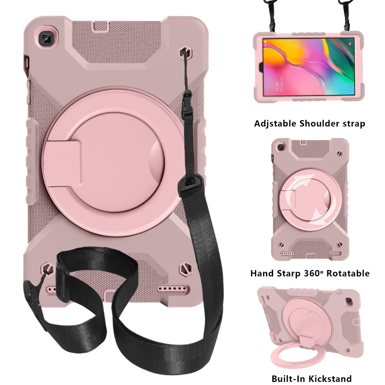 

For Samsung Galaxy Tab A 10.1 T510 / T515 PC + Silicone Shockproof Combination Case with 360 Degree Rotating Holder & Handle & Shoulder Strap(Rose Gold)