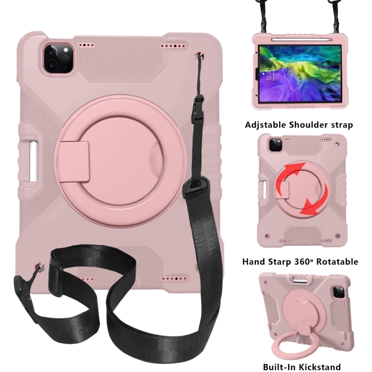 

For iPad Pro 11 (2018/2020) PC + Silicone Shockproof Combination Case with 360 Degree Rotating Holder & Handle & Shoulder Strap(Rose Gold)