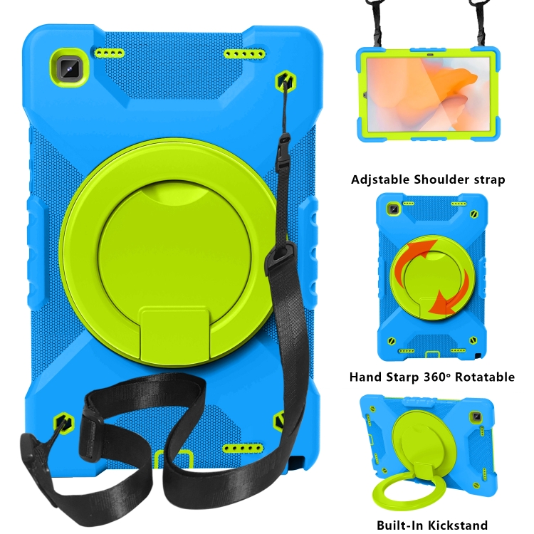 

For Samsung Tab A7 10.4 (2020) T500/T505 PC + Silicone Shockproof Combination Case with 360 Degree Rotating Holder & Handle & Shoulder Strap(Blue+Grass Green)