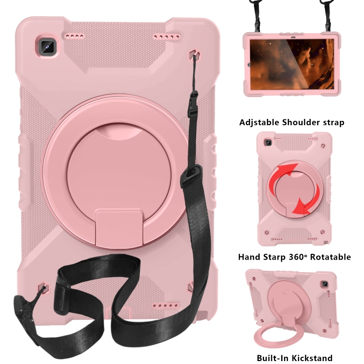 

For Samsung Tab A7 10.4 (2020) T500/T505 PC + Silicone Shockproof Combination Case with 360 Degree Rotating Holder & Handle & Shoulder Strap(Rose Gold+Rose Gold)