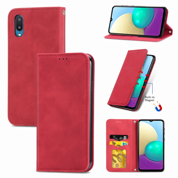 

For Samsung Galaxy A02 Retro Skin Feel Business Magnetic Horizontal Flip Leather Case with Holder & Card Slots & Wallet & Photo Frame(Red)