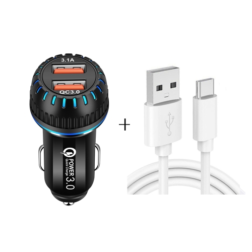 

YSY-349 QC3.0 Dual Port USB Car Charger + 3A USB to USB-C / Type-C Data Cable, Length: 1m(Black)