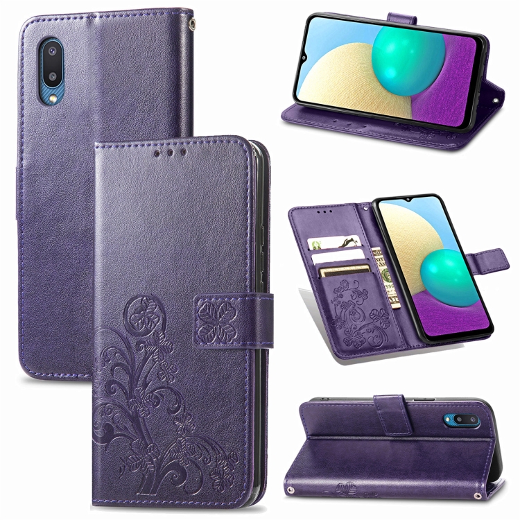 

For Samsung Galaxy A02 Four-leaf Clasp Embossed Buckle Mobile Phone Protection Leather Case with Lanyard & Card Slot & Wallet & Bracket Function(Purple)
