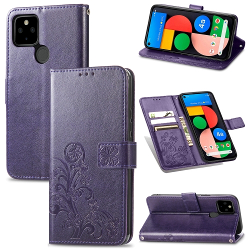 

For Google Pixel 5A Four-leaf Clasp Embossed Buckle Mobile Phone Protection Leather Case with Lanyard & Card Slot & Wallet & Bracket Function(Purple)