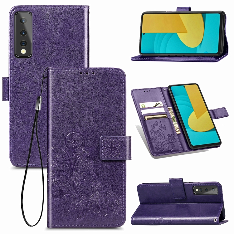 

For LG Stylo 7 Four-leaf Clasp Embossed Buckle Mobile Phone Protection Leather Case with Lanyard & Card Slot & Wallet & Bracket Function(Purple)