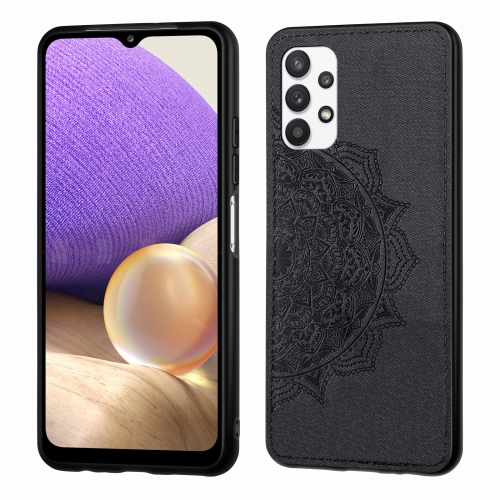 

For Samsung Galaxy A32 5G Mandala Embossed Cloth Cover PC + TPU Mobile Phone Case with Magnetic Function and Hand Strap(Black)